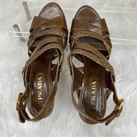 Prada Women's Brown Designer Braided Leather Strappy Luxury Heels IT 37.5 / US 7 - Picture 11 of 17